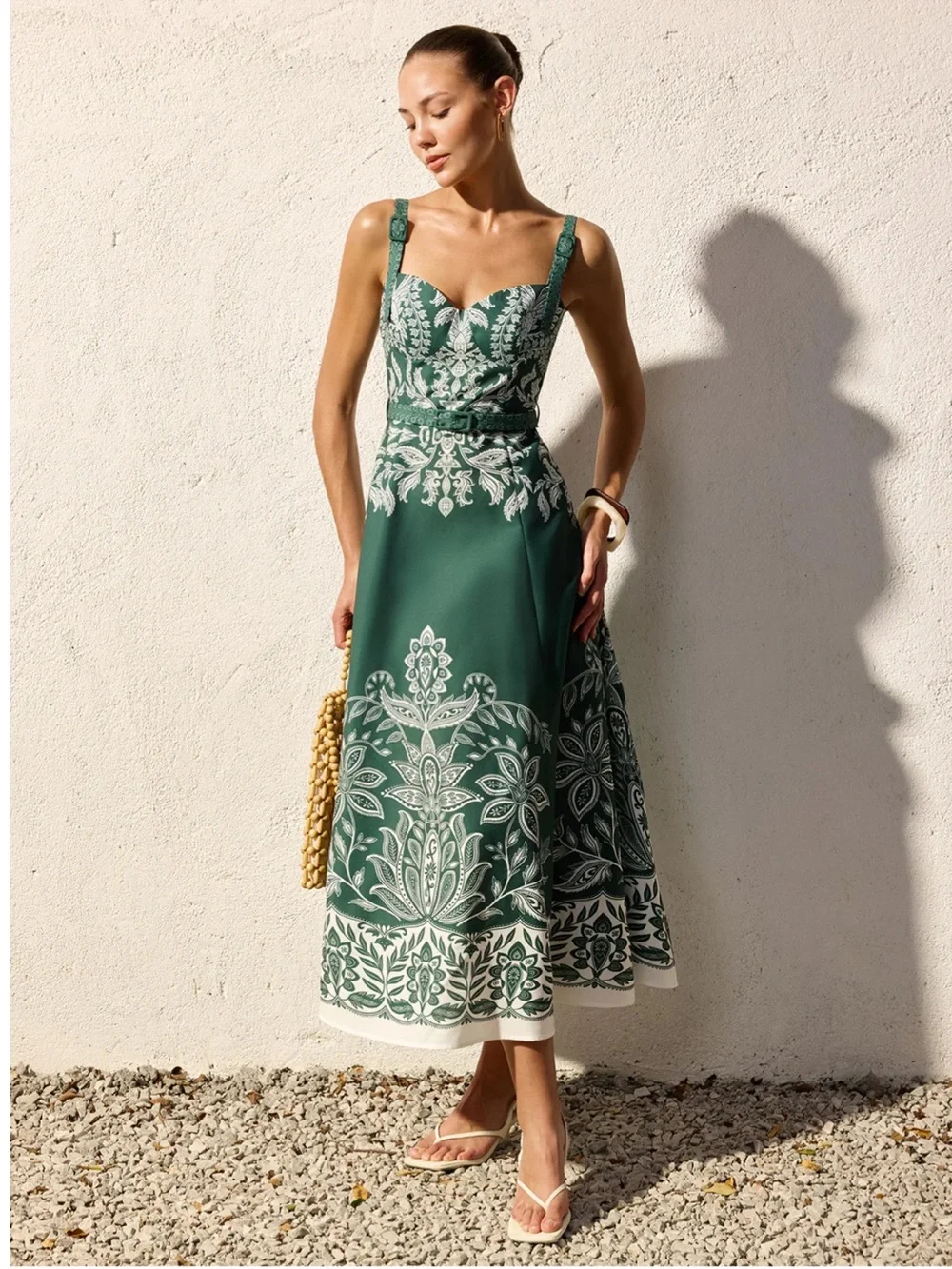 Commense Green Baroque Floral Belted Cami Maxi Dress XS | Resort Occasion Dress - Picture 3 of 6